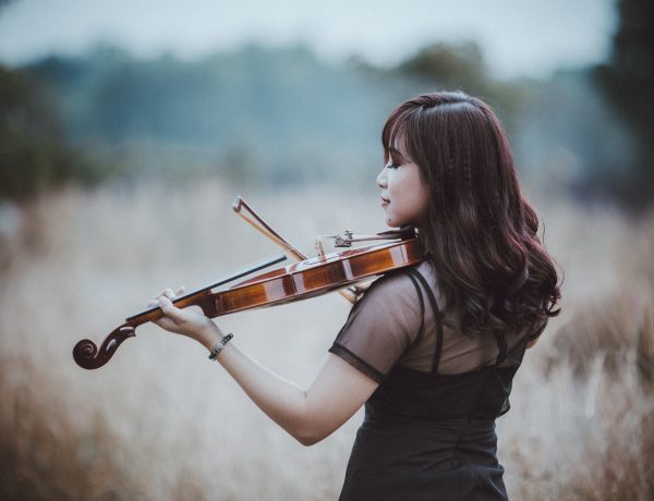 Stylish asian violinist playing violin in field in countryside