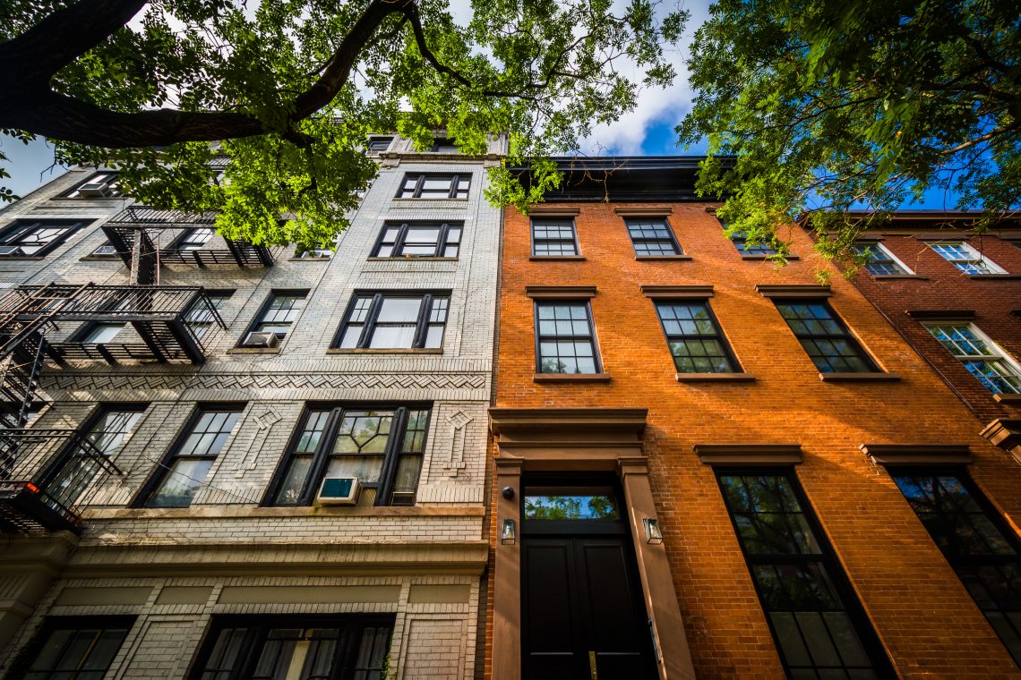 Brick apartment buildings in  Chelsea, Manhattan, New York.