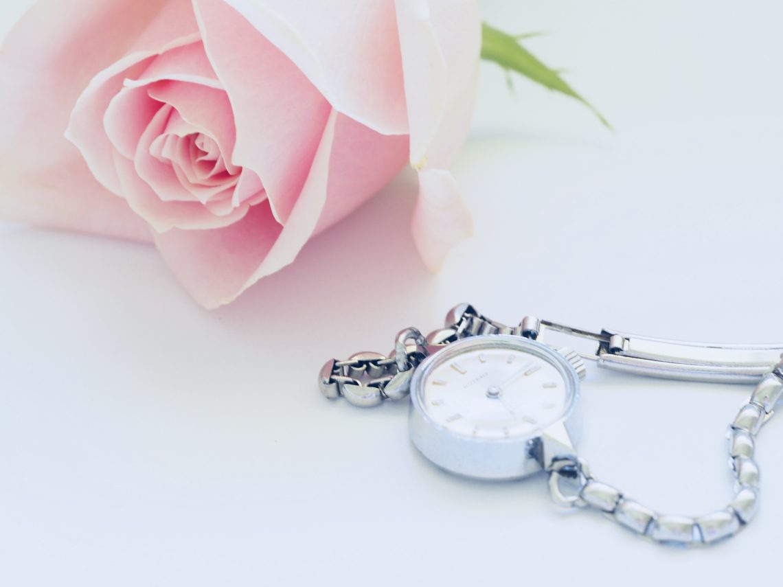 Pink rose near watch