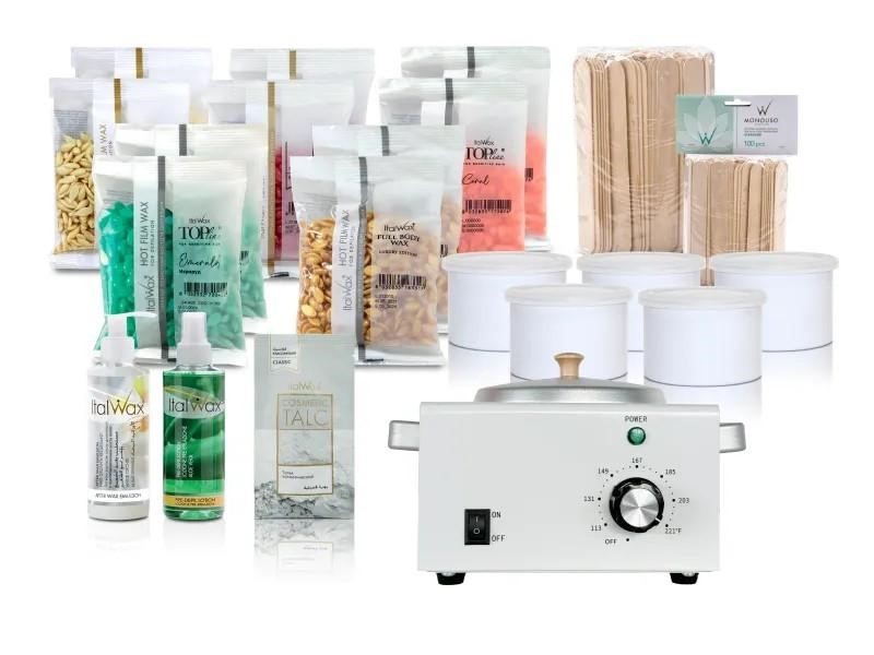 Waxing supplies on a white background
