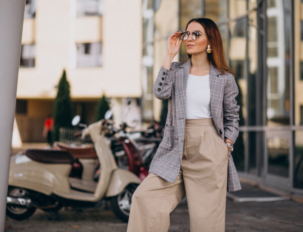 stylish woman wearing blazer and culottes 