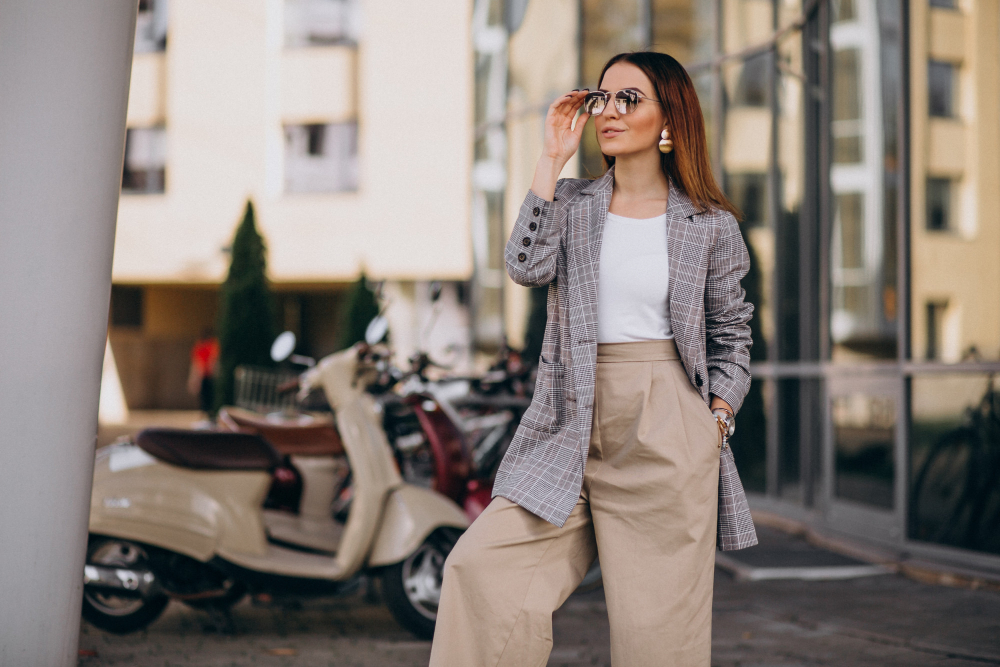 stylish woman wearing blazer and culottes 