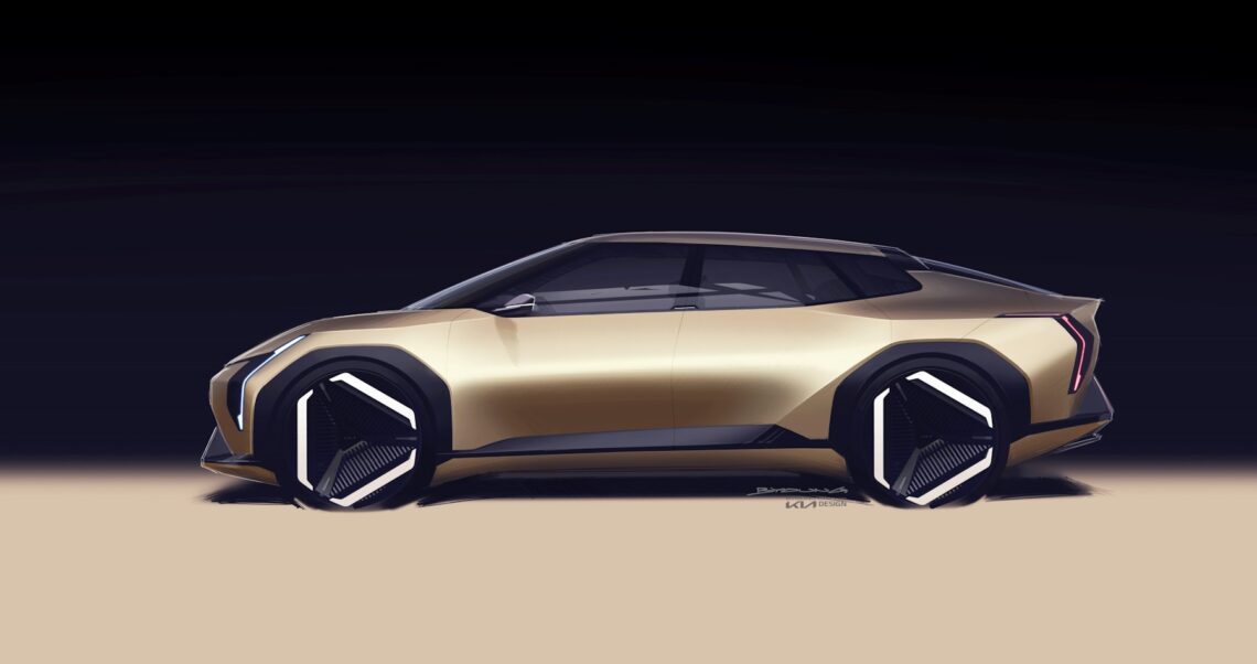 A sketch of the left side view of the Kia Concept EV4.
