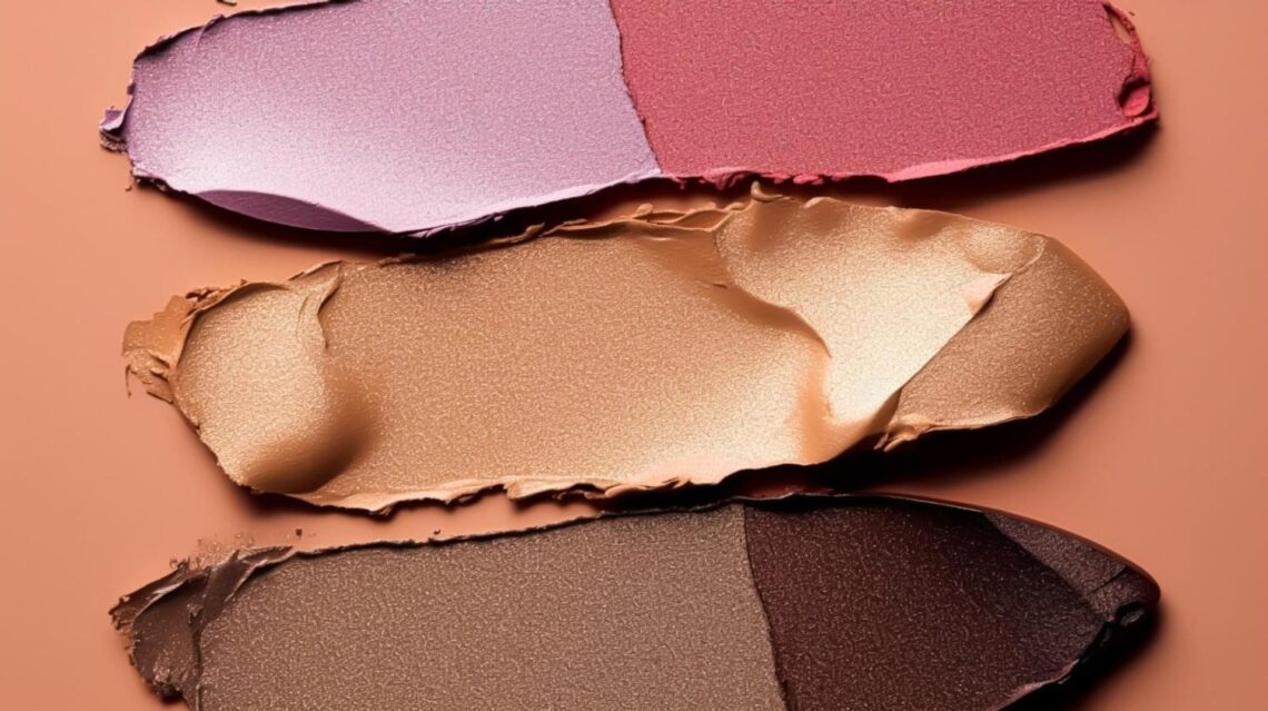 Close-up of three different makeup swatches on skin in pink, beige, and brown shades.