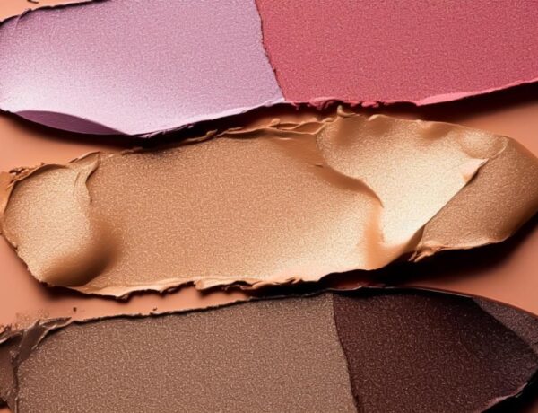 Close-up of three different makeup swatches on skin in pink, beige, and brown shades.
