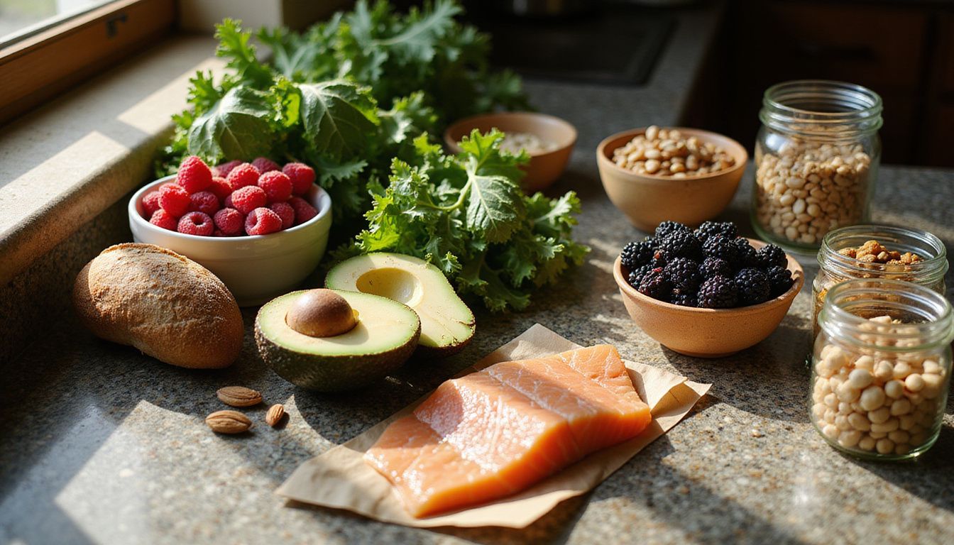 A vibrant kitchen countertop displays an array of fresh whole foods.