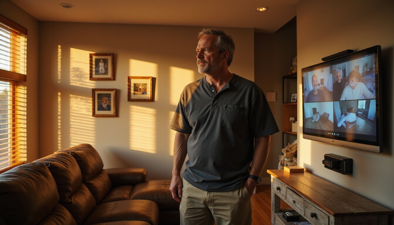 A middle-aged man attentively reviews security footage in his living room.