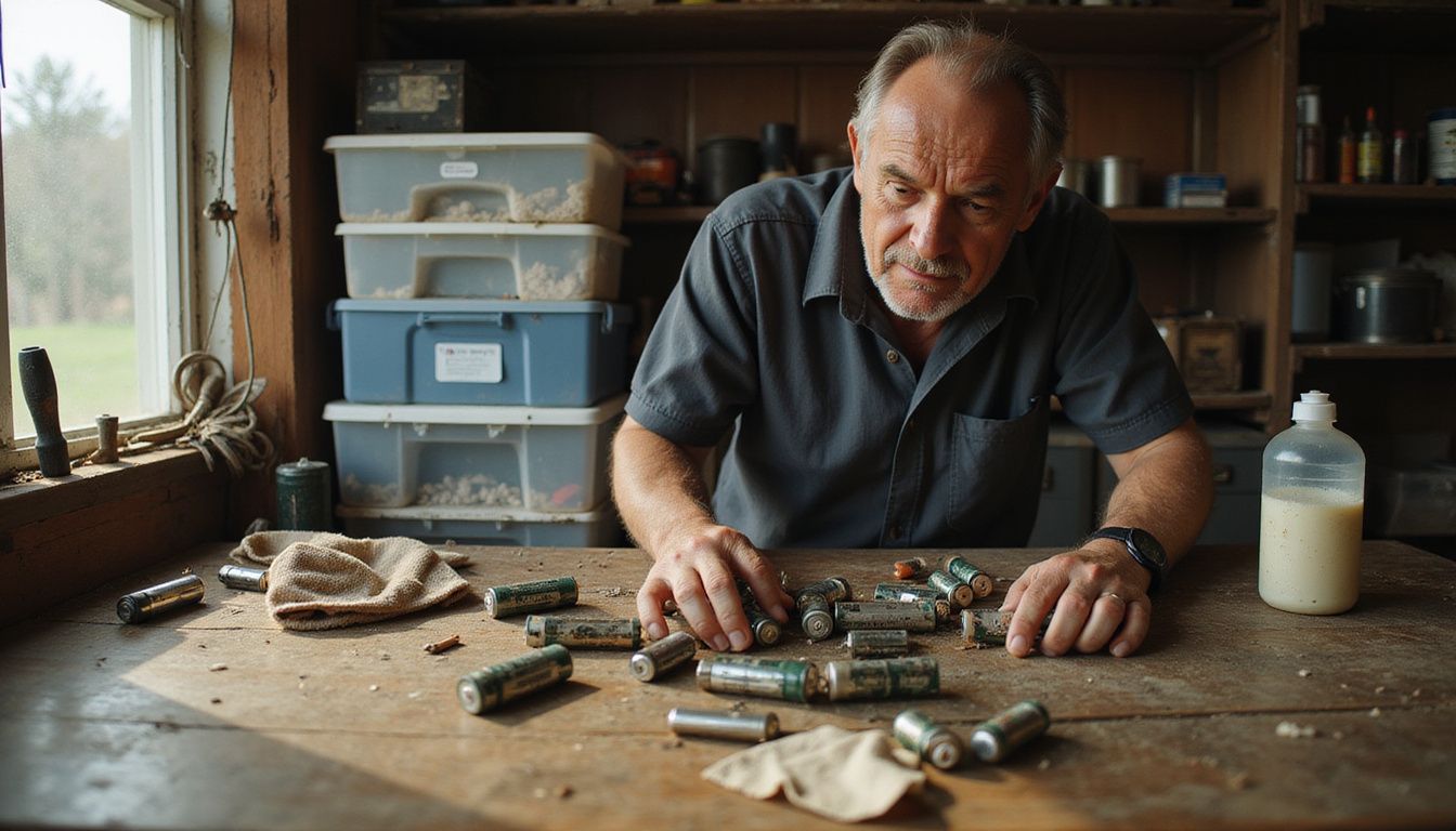A focused man organizes batteries on a well-used workbench.