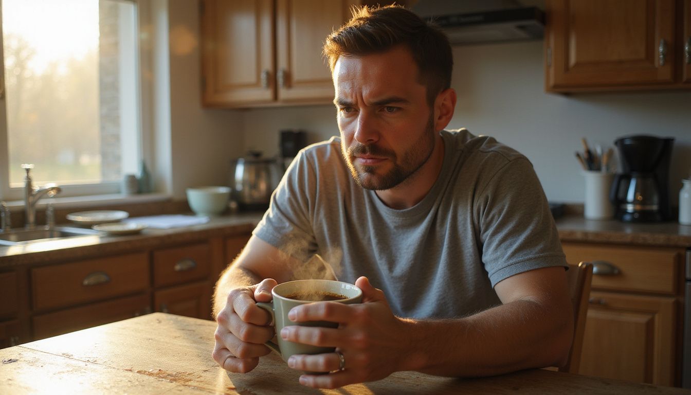A weary man struggles with tension over a morning coffee.