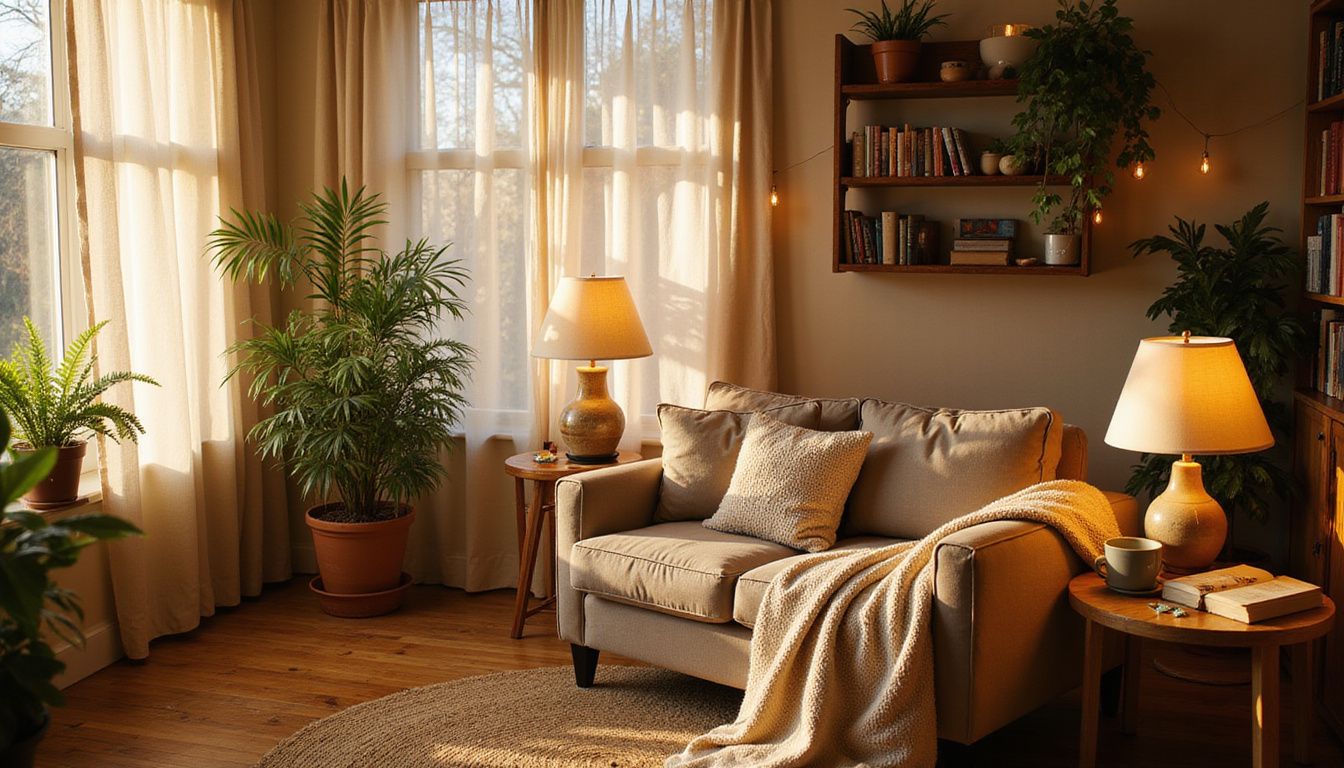 A cozy living room corner with warmth and authentic lived-in charm.