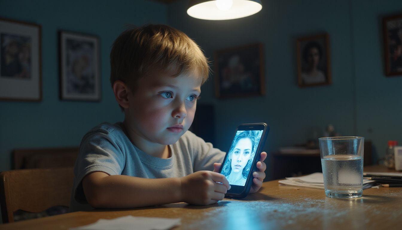 A concerned child gazes at a glitchy smartphone screen.