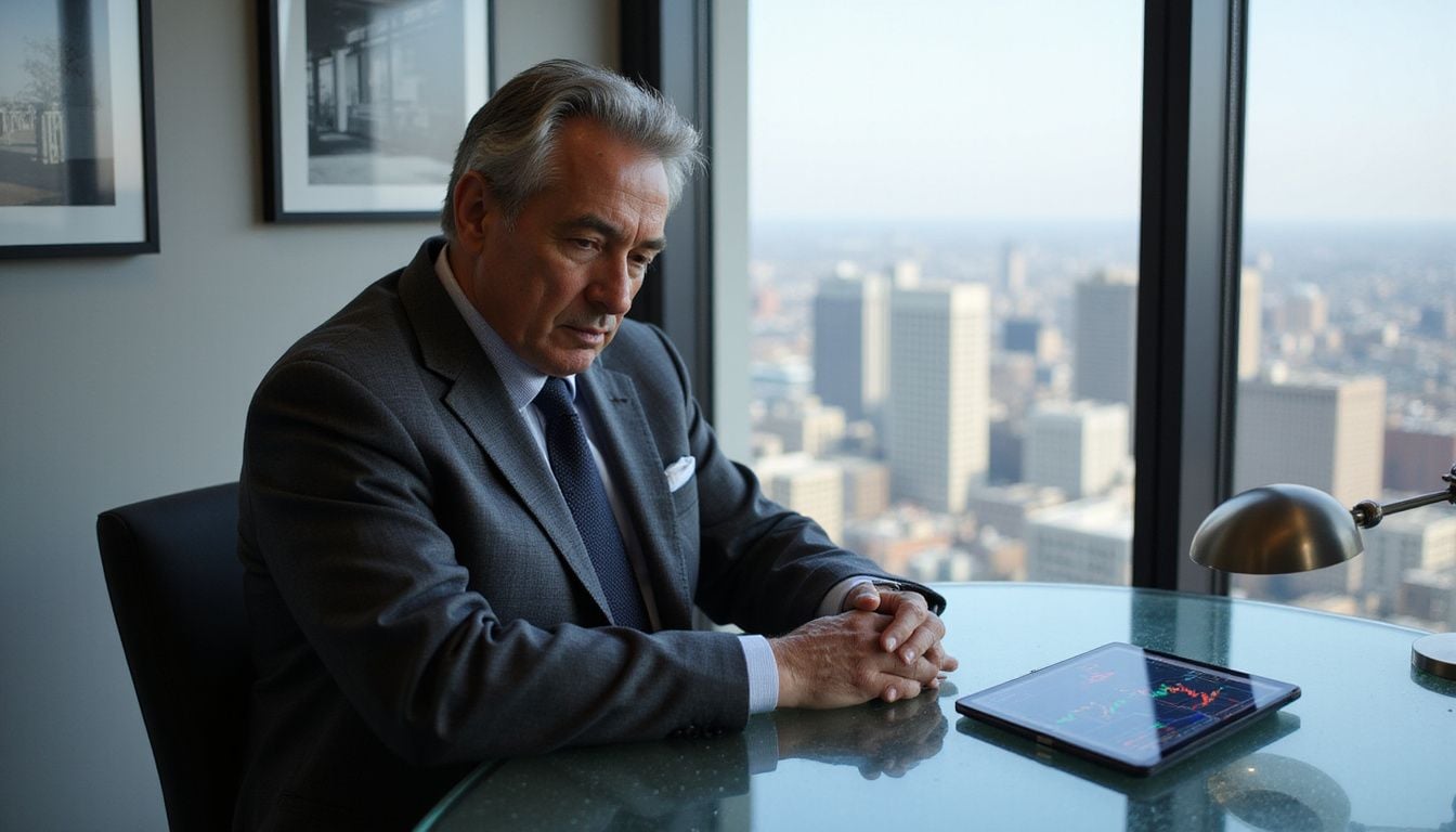A contemplative man in a tailored suit sits at a glass desk.