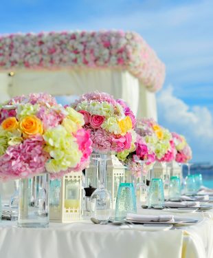 Yellow and pink petaled flowers on table near ocean under blue sky at daytime
