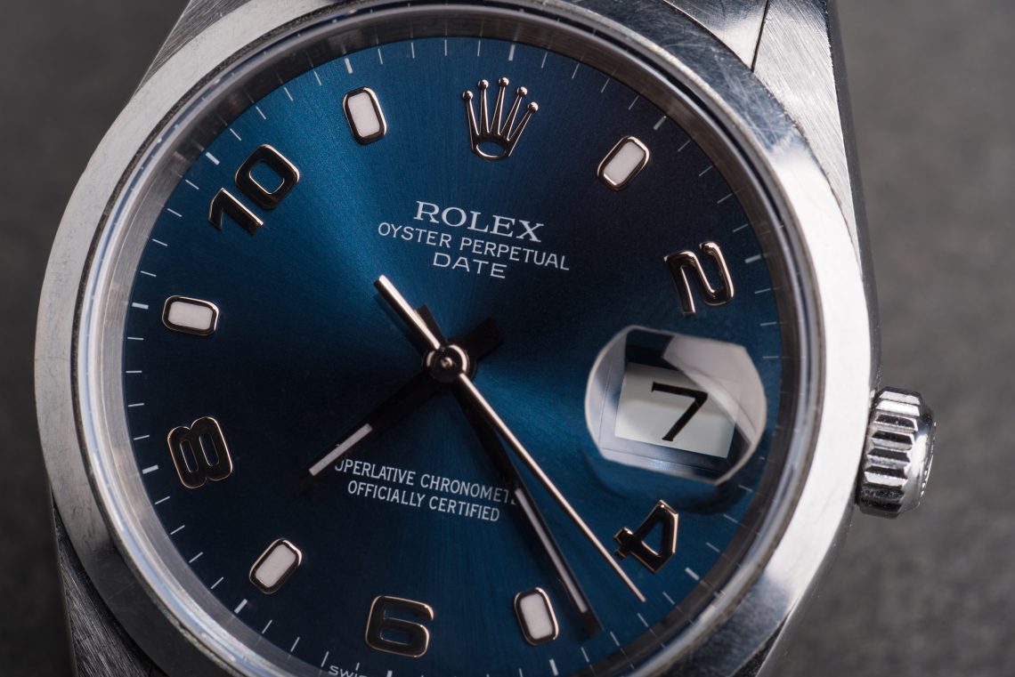 BOLOGNA, ITALY - MARCH 5, 2018: Rolex Oyster Perpetual Date watch. Rolex SA is a Swiss luxury watchmaker, founded by Hans Wilsdorf and Alfred Davis in London, England in 1905. Illustrative editorial.