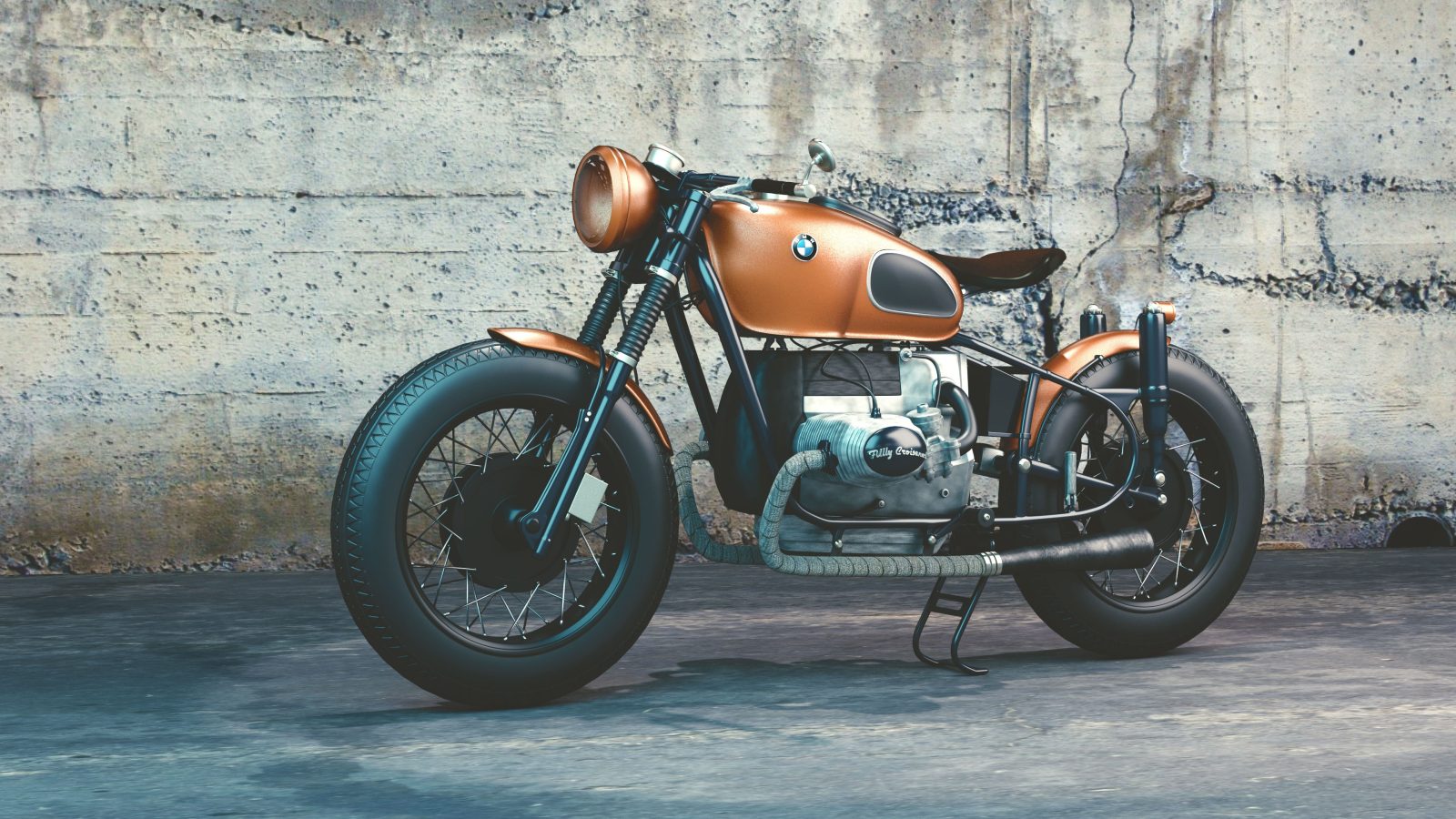 Orange and black bmw motorcycle before concrete wall