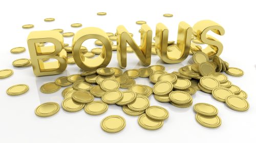Pile of golden coins and word Bonus, isolated on white background.