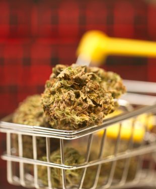 online purchase using a computer from home. cannabis in a supermarket trolley. computer keyboard