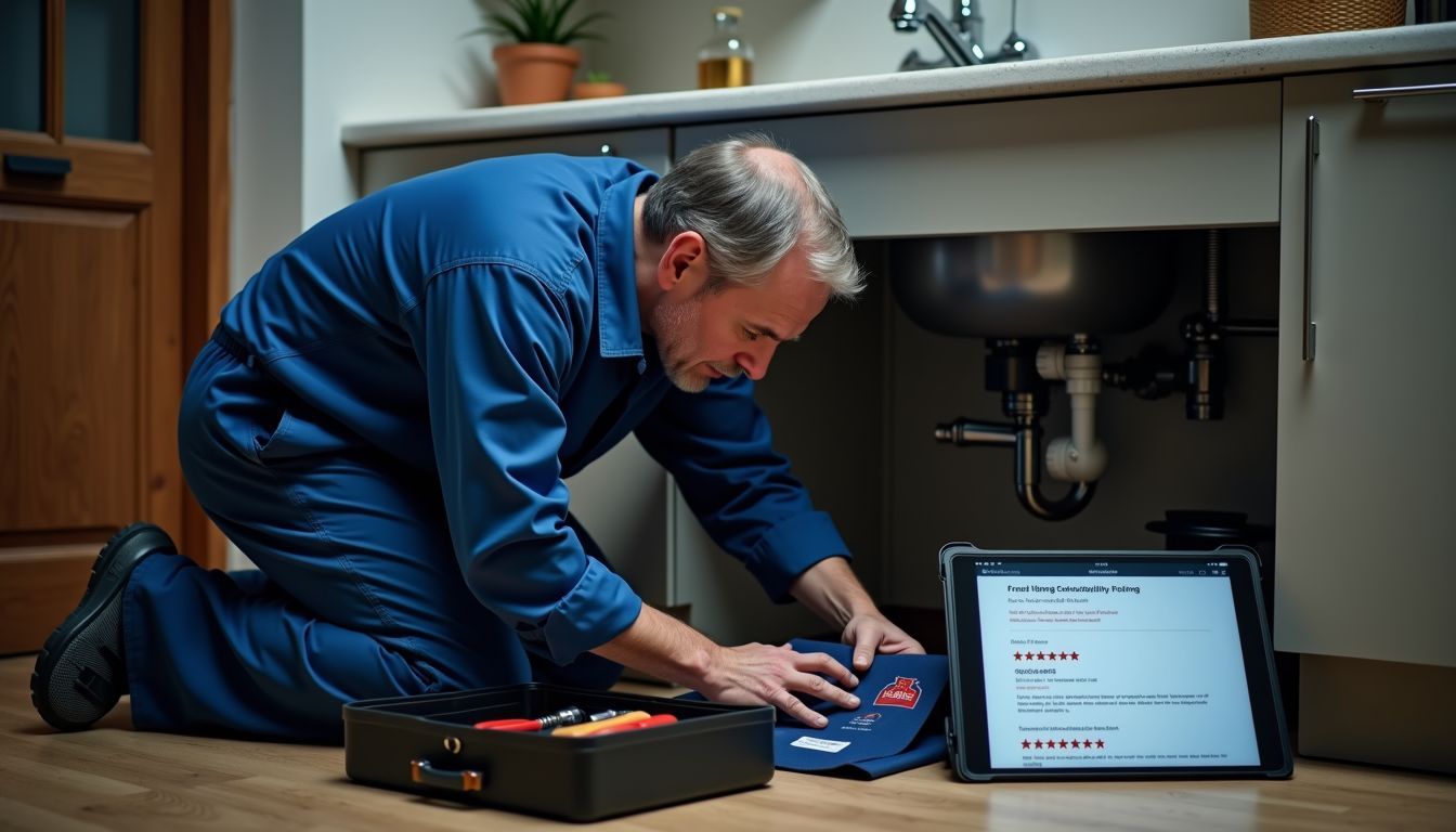 A middle-aged man wearing a jumpsuit inspects a sink pipe.