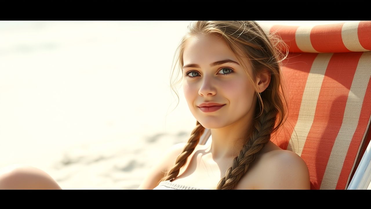 A young woman with long braided hair sitting on a beach chair.