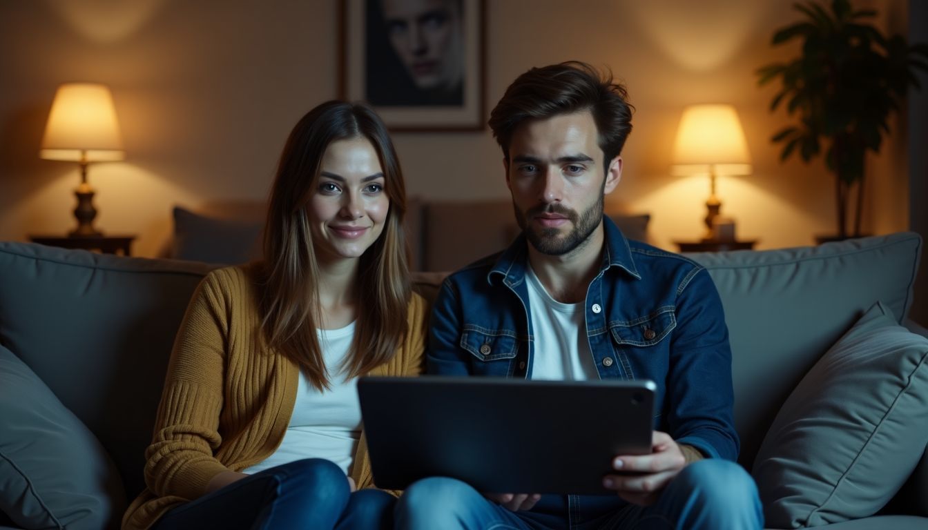 A couple in their 30s watching a superhero series at home.