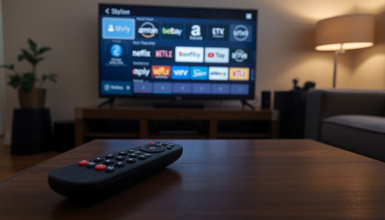 A remote control on a coffee table in front of a TV displaying streaming service logos.