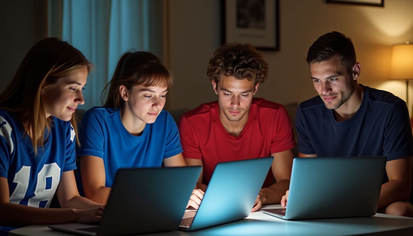 Five friends in team jerseys drafting fantasy football on laptops.