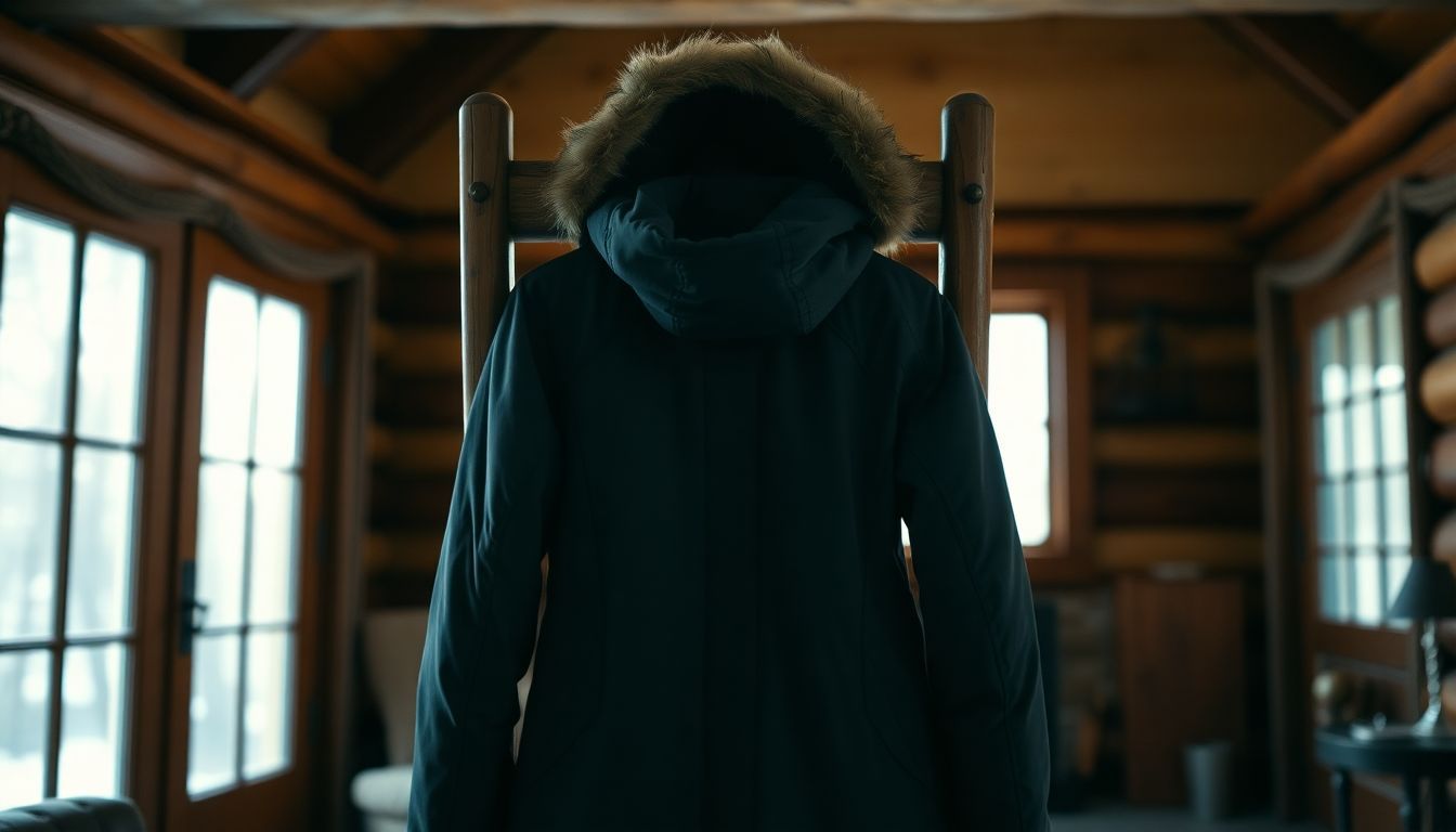 A Columbia Women’s Heavenly Long Hooded Jacket hanging on a chair.