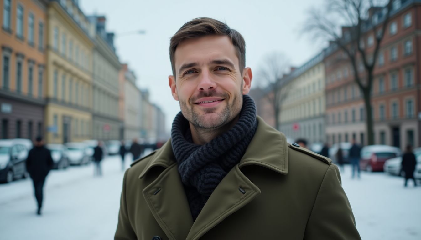 A man in his 30s wearing a warm, stylish green coat in a winter cityscape.