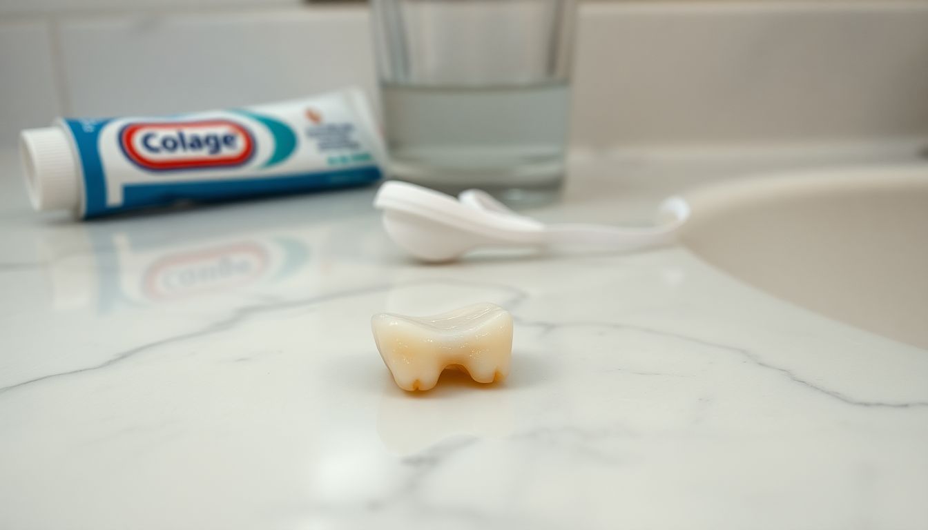 A chipped tooth on the countertop with dental care items.