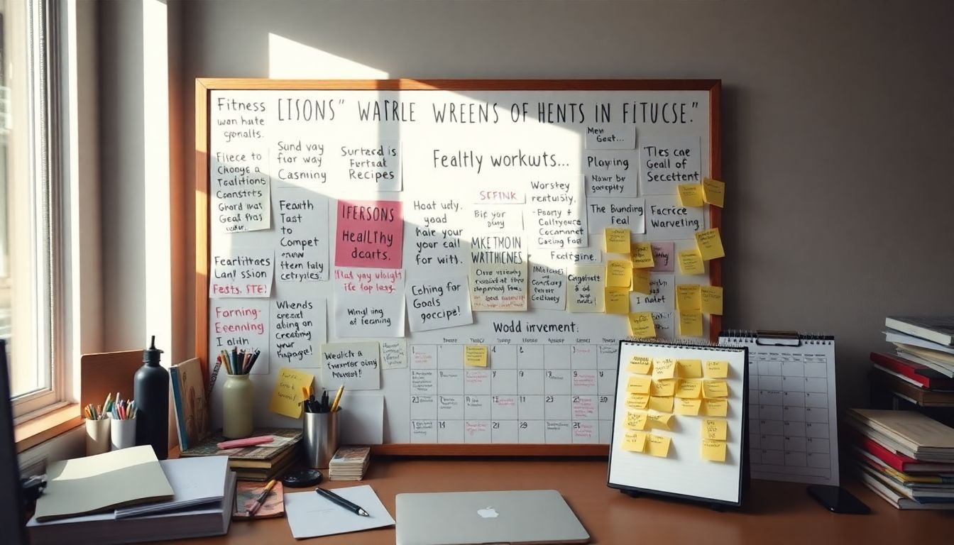 A cluttered desk with a vision board, fitness goals, and reminders.