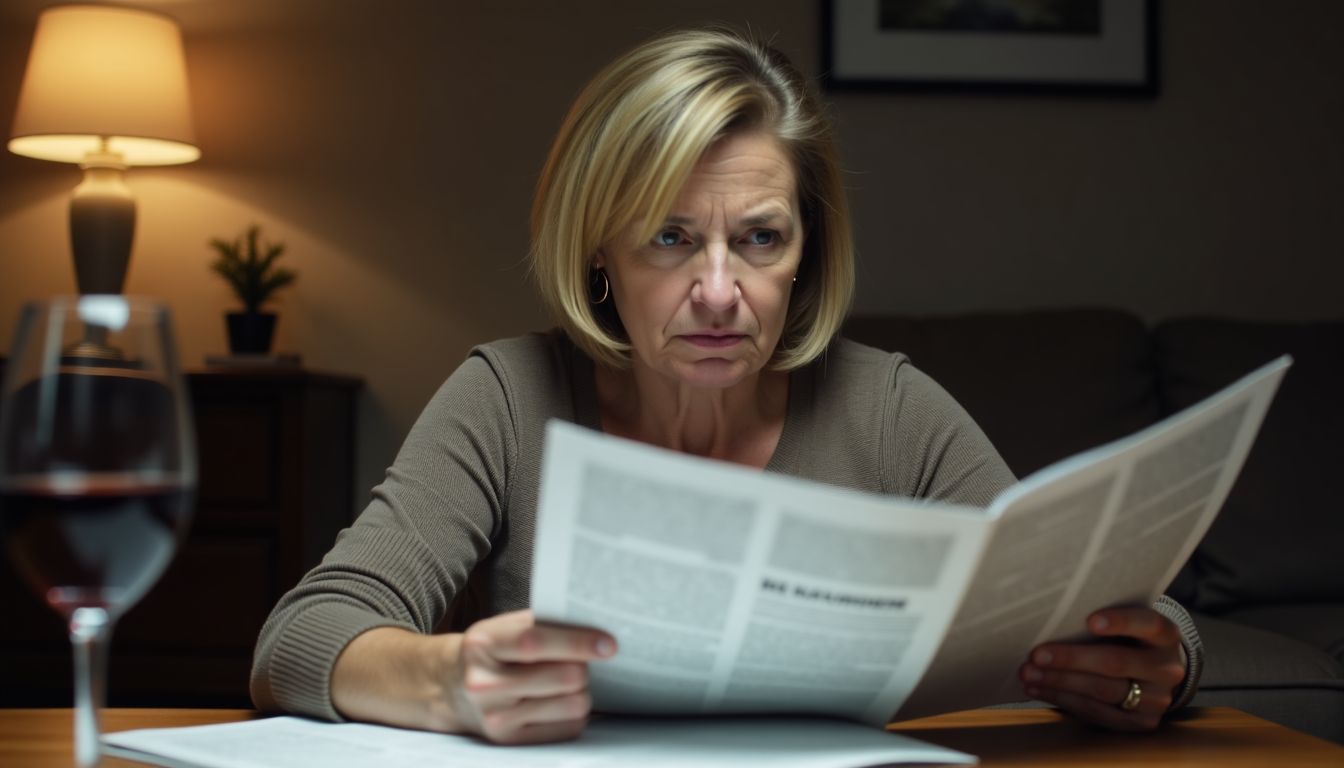 A woman reads health articles about alcohol and cancer while sitting.