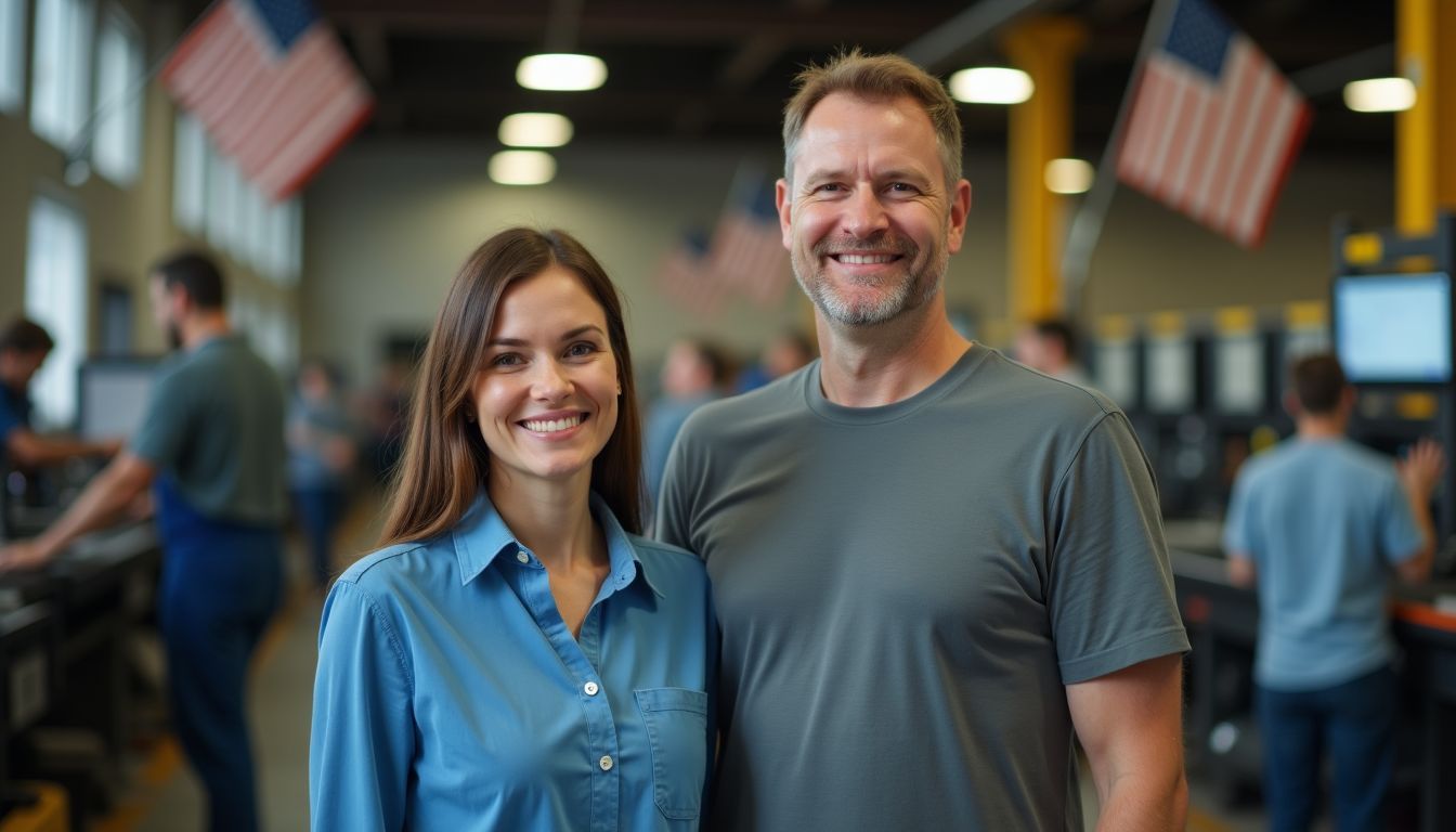 A man and a woman in their 40s standing in front of a busy factory.