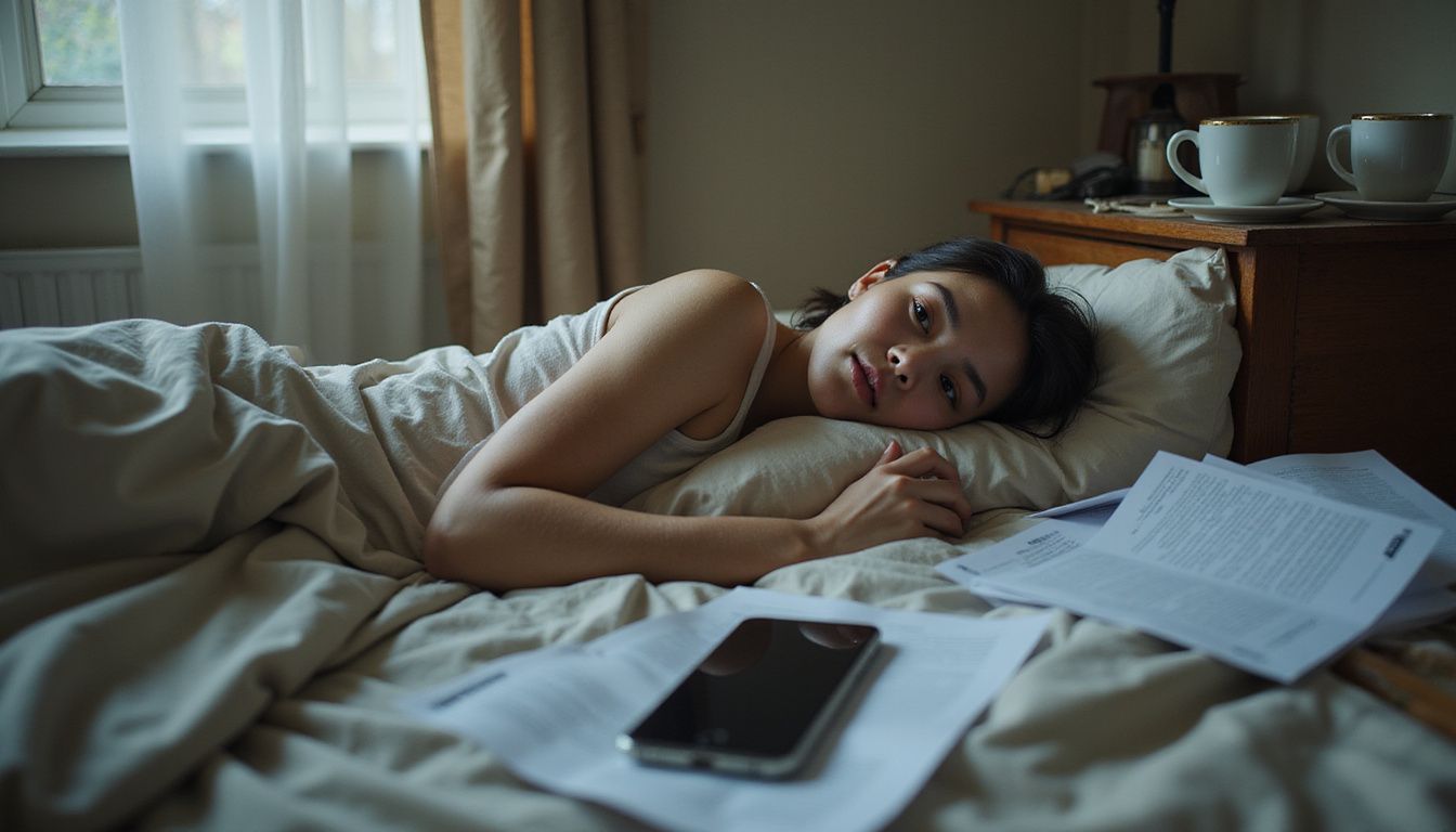 A weary person lies awake in a cluttered bedroom.