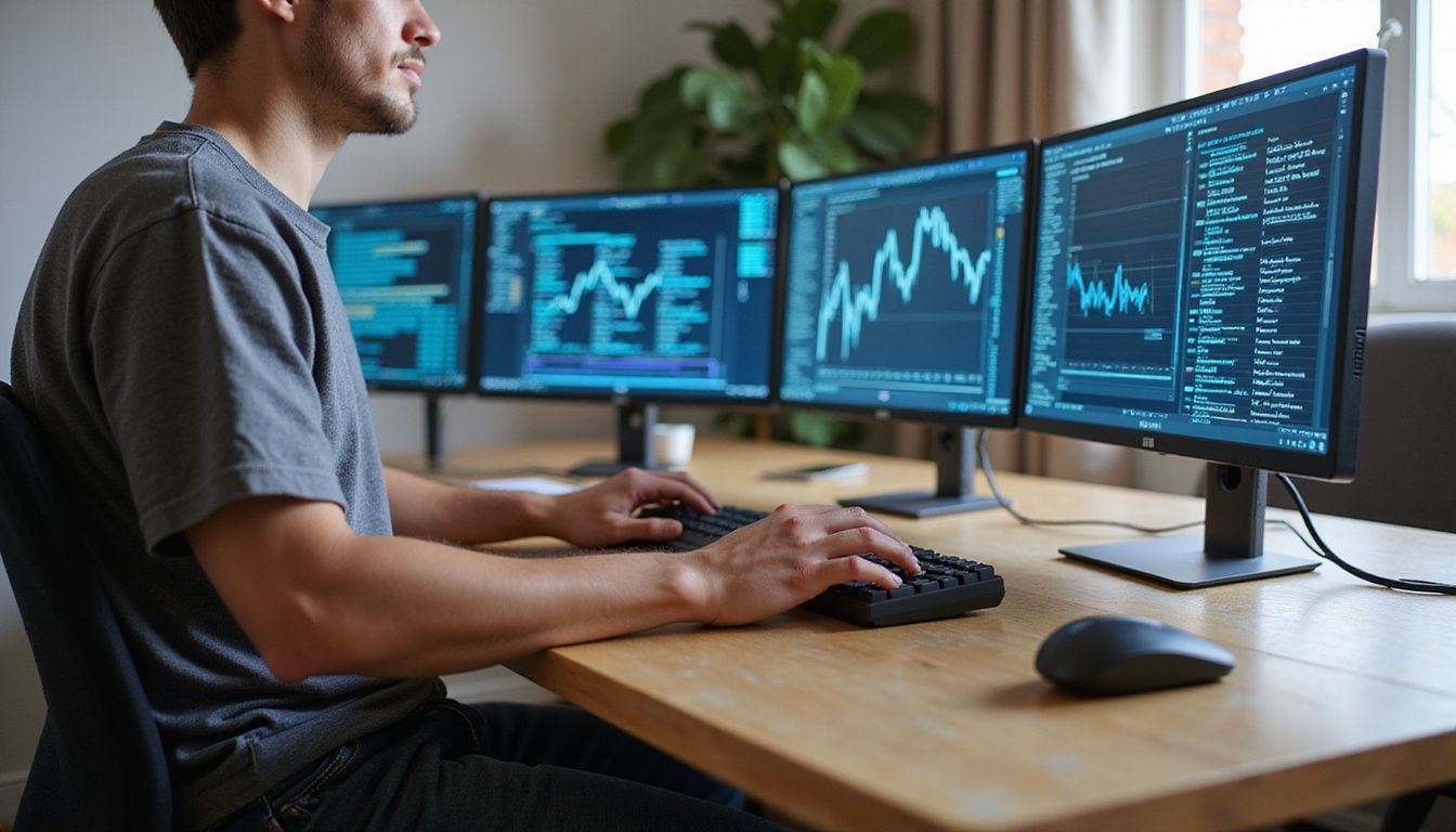 A focused individual works on blockchain data at a modern desk.