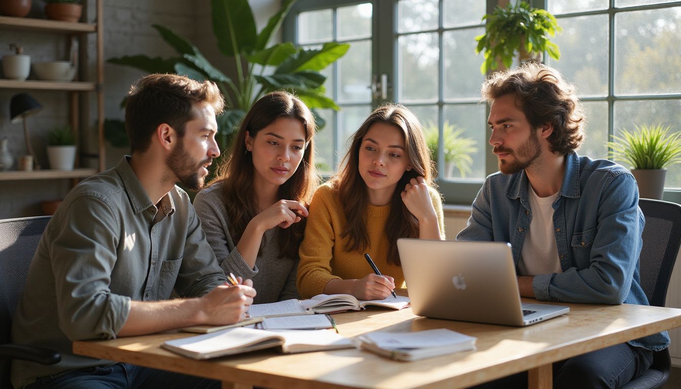 A diverse group collaborates in a modern, vibrant coworking space.