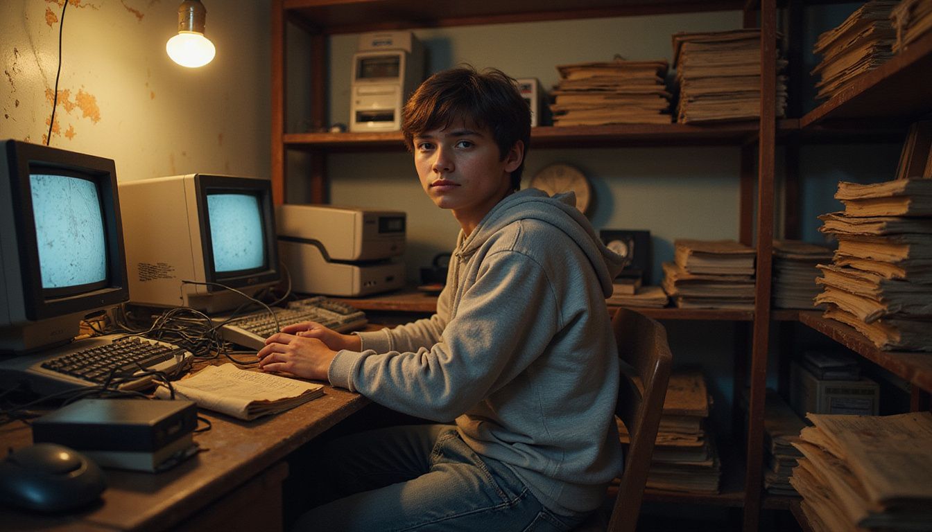 A teenage boy sits at a cluttered desk surrounded by vintage technology.