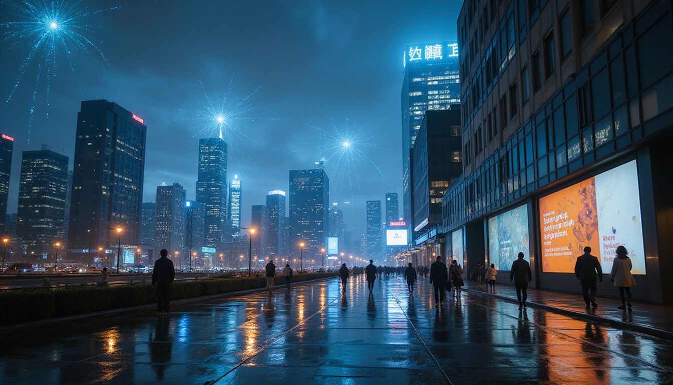 A futuristic cityscape features sleek skyscrapers and glowing digital displays.
