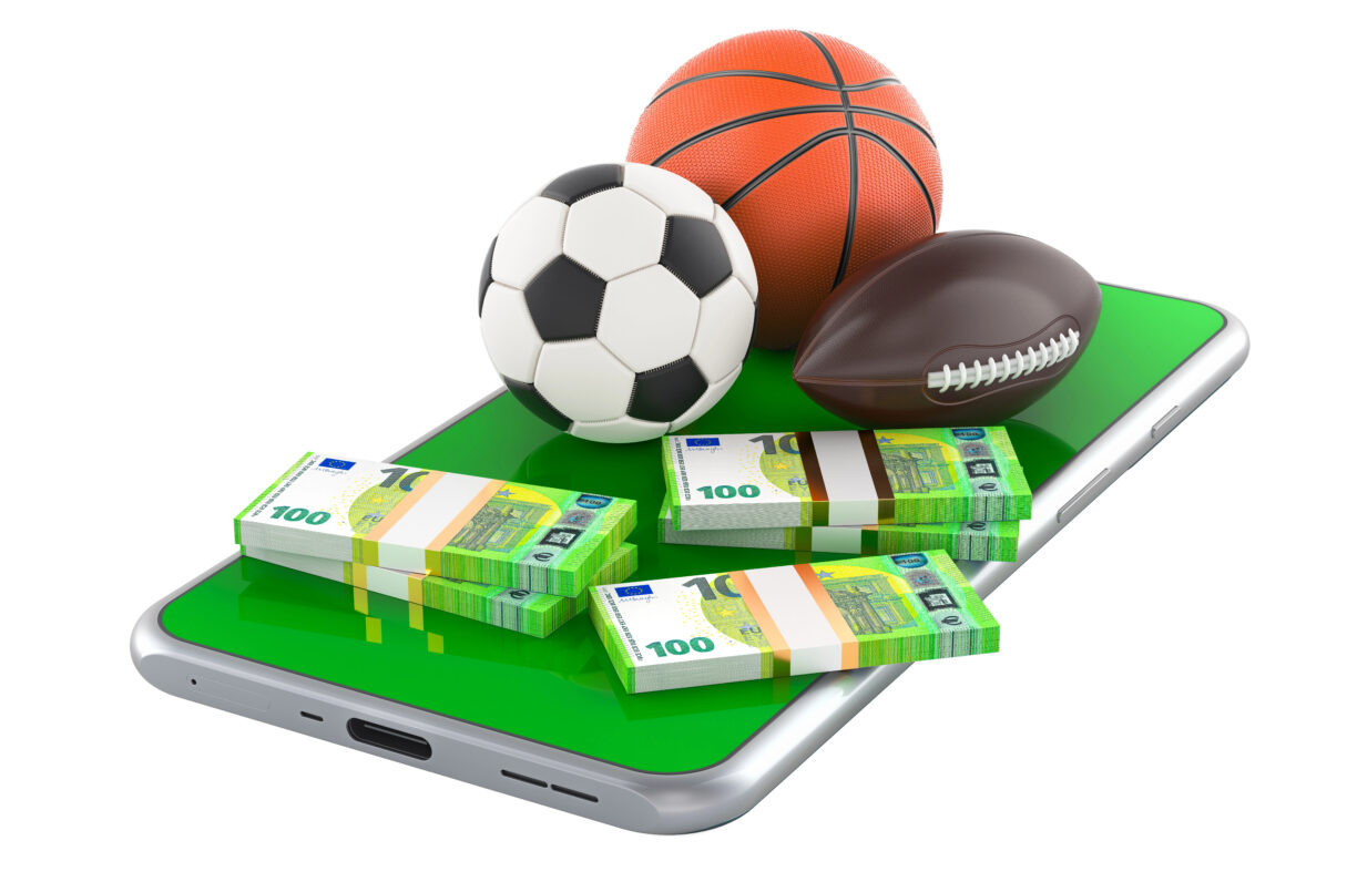 Smartphone with sport balls and money. Online sport bets, betting concept. 3D rendering isolated on white background