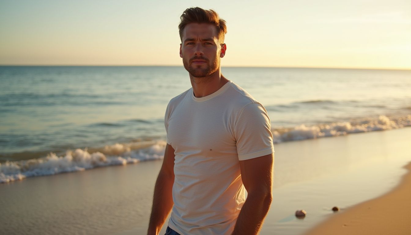 A confident man stands on a beach during sunset. A confident man stands on a beach during sunset.