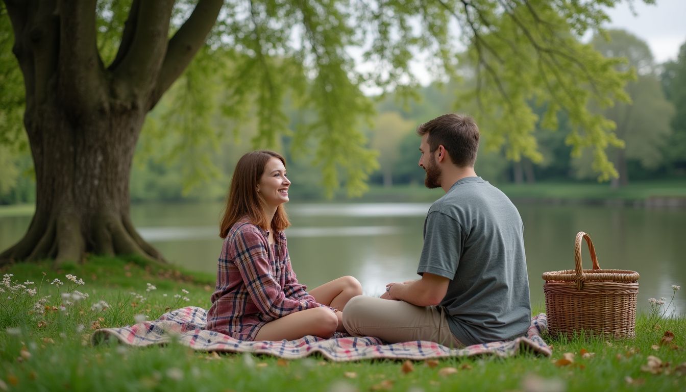 A couple relaxing on a picnic blanket in a sunny park.