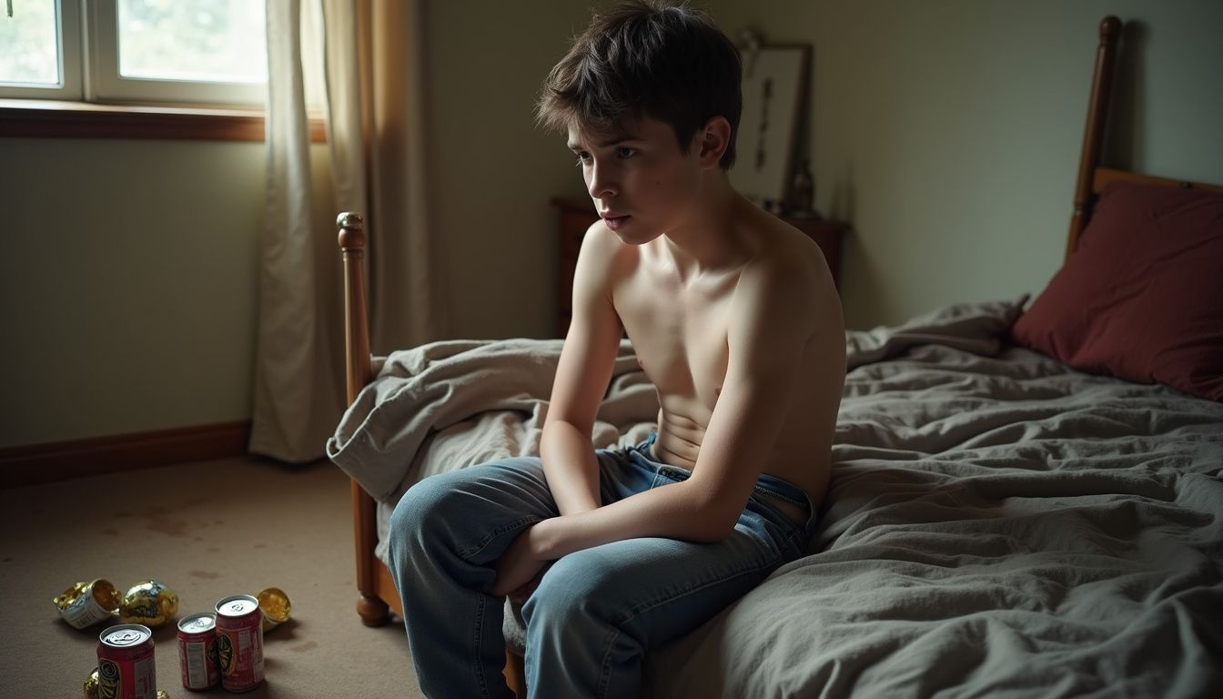 A teenage boy reflects on himself in a cluttered bedroom. A teenage boy reflects on himself in a cluttered bedroom.