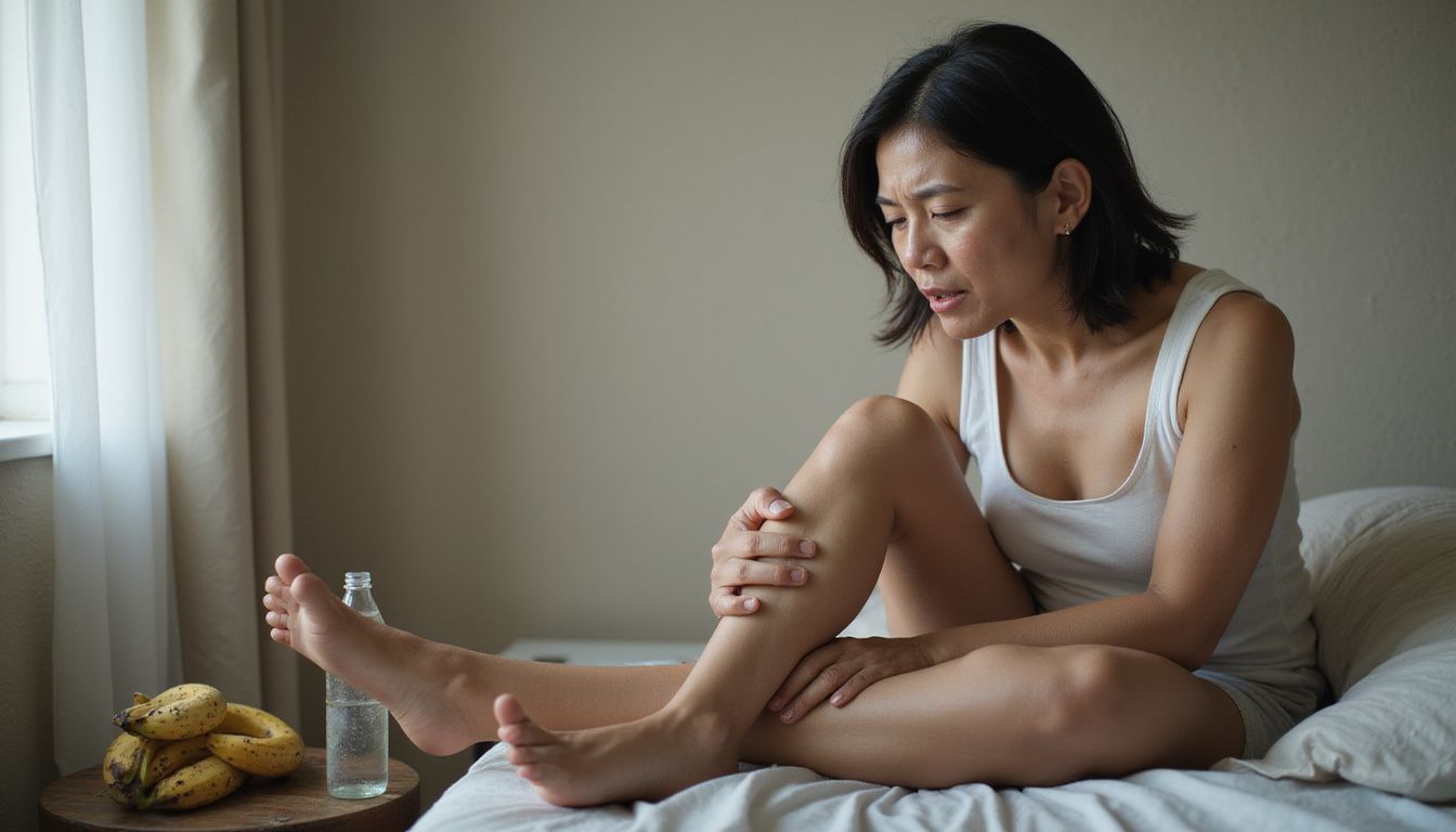 A woman experiences discomfort while massaging her calf on a bed.