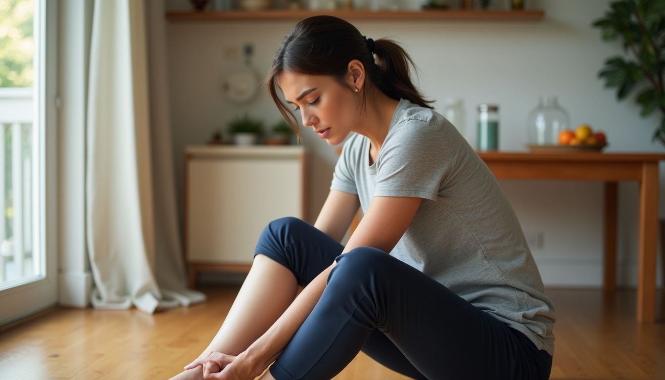 A woman stretches her calf muscle in a cozy, sunlit room.