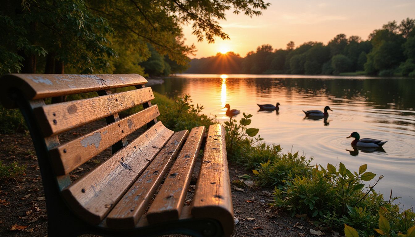 A weathered bench beside a calm lake with trees and grass.