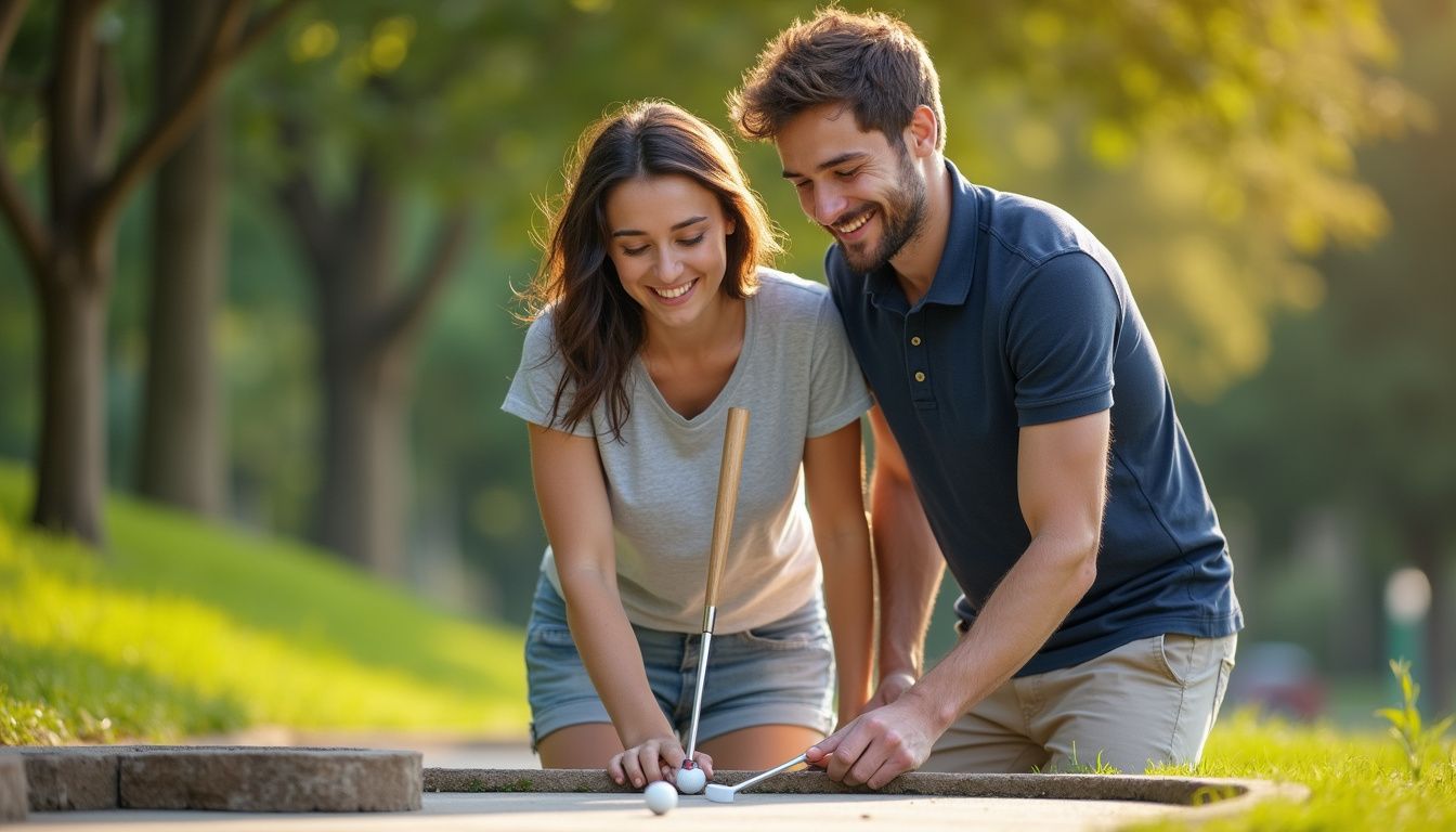 A young couple laughing while playing indoor mini-golf.