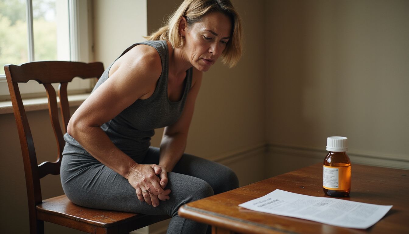 A woman experiences discomfort while managing calf cramps in exercise clothes.