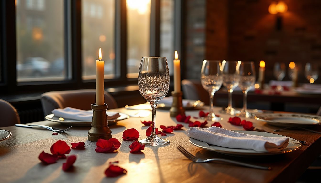 An intimate dinner table set with candles and glassware.
