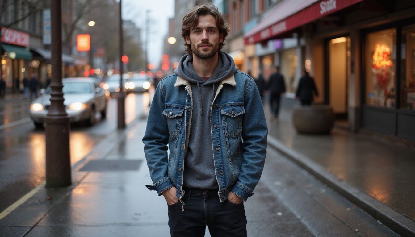 A solitary figure in a denim jacket stands amidst a bustling city.