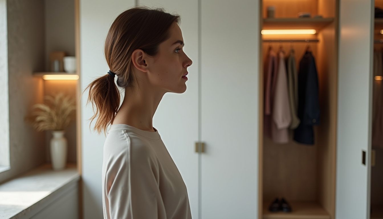 A woman evaluates her outfit in a modern dressing room.