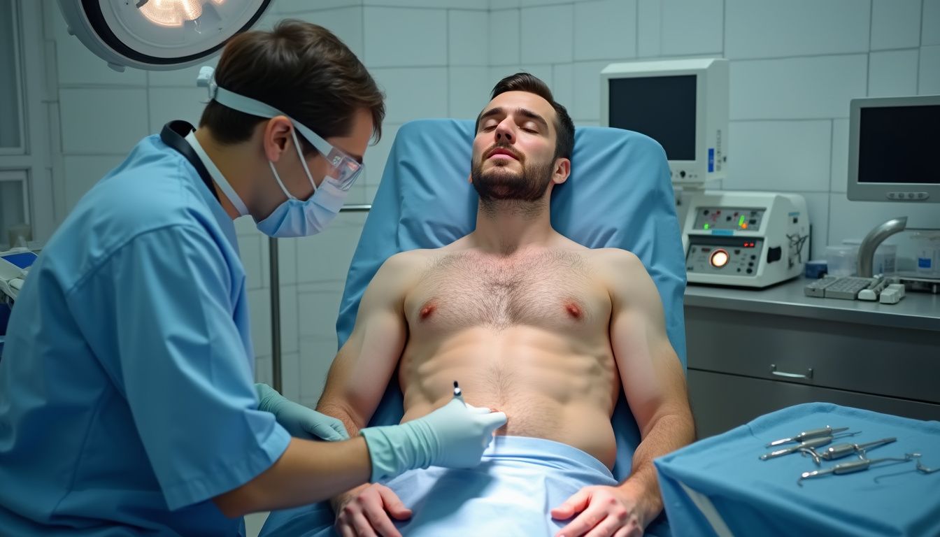 A man undergoes male breast reduction surgery in a sterile operating room. A man undergoes male breast reduction surgery in a sterile operating room.